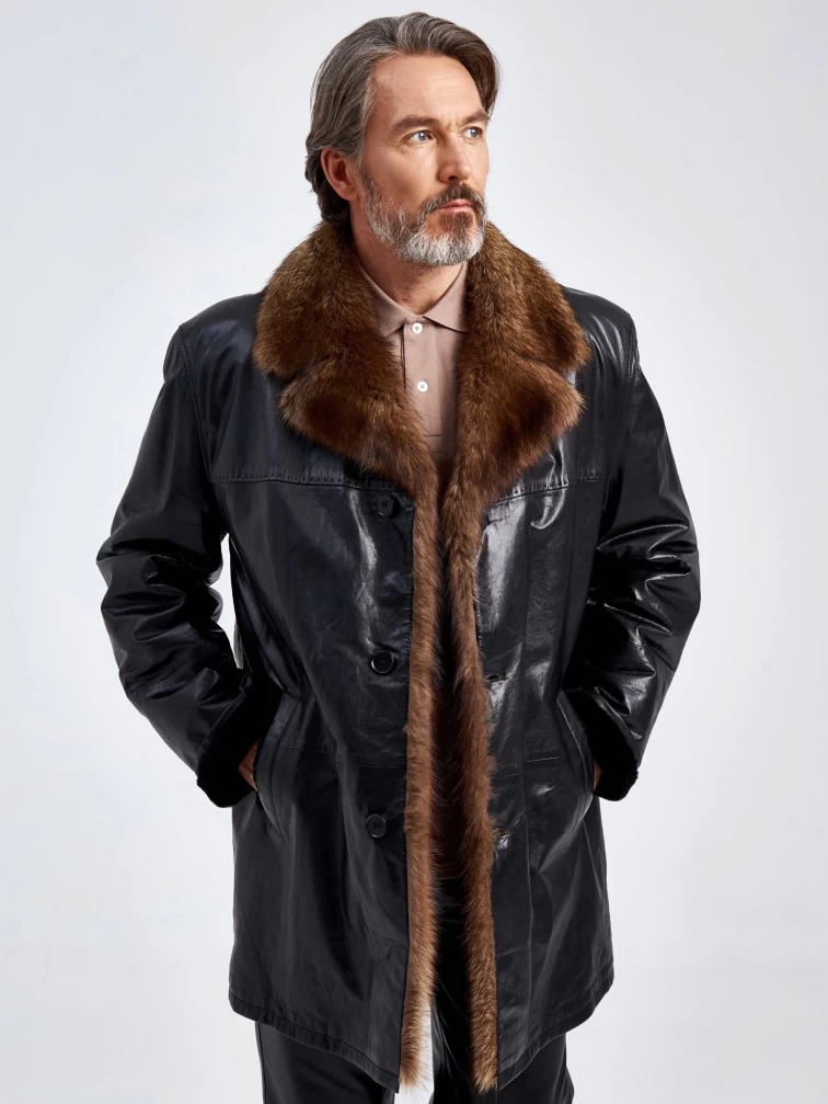 Кожаное мужское зимнее полупальто с воротником меха соболя премиум класса 5140, черное, размер 56, артикул 40570-0