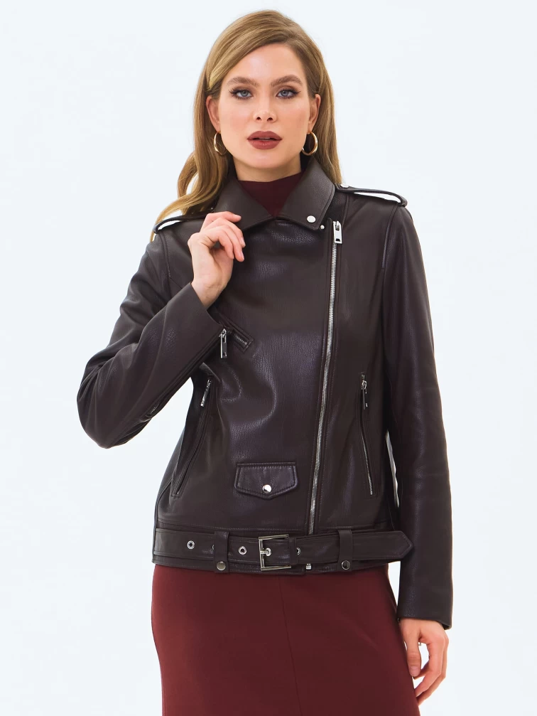 Кожаная женская куртка косуха с поясом премиум класса 3078, коричневая, размер 42, артикул 24580-0