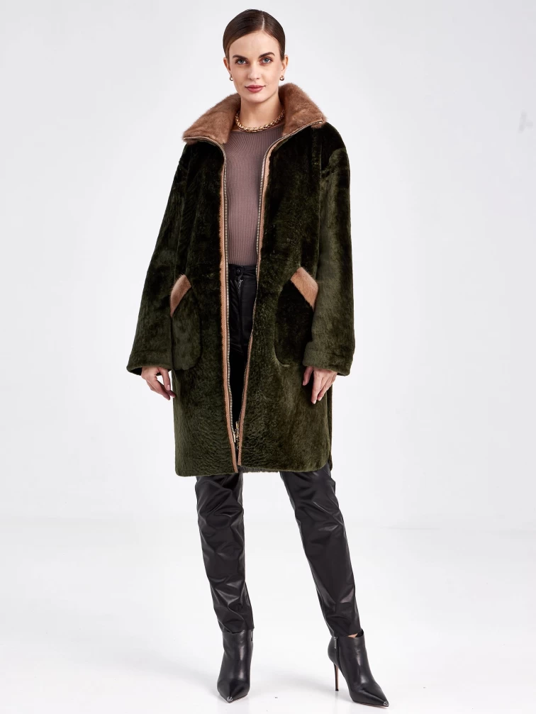 Двусторонняя женская шуба из астрагана с мехом норки премиум класса 2018, хаки, размер 44, артикул 62781-3