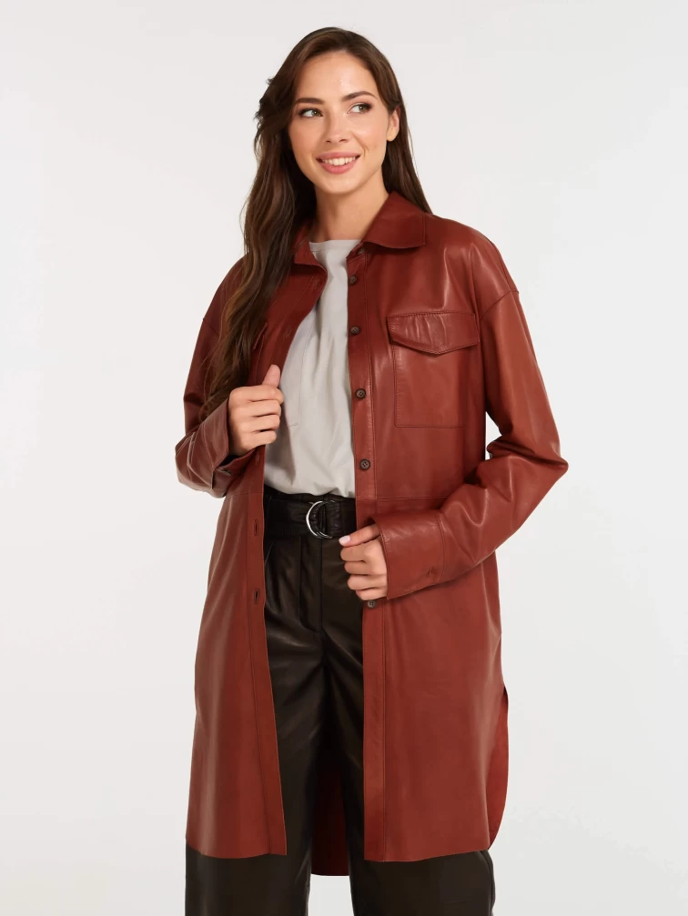 Кожаный комплект женский: Платье - рубашка 01 + Брюки 05, коньячный/черный, р. 44, арт. 111121-3