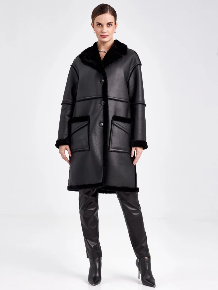 Удлиненная женская дубленка оверсайз премиум класса 2014, черная, размер 44, артикул 62701-1