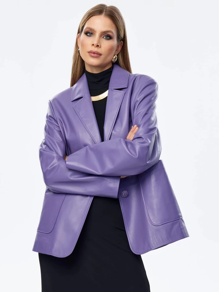 Сиреневый кожаный женский пиджак премиум класса 3016, размер 48, артикул 91680-2