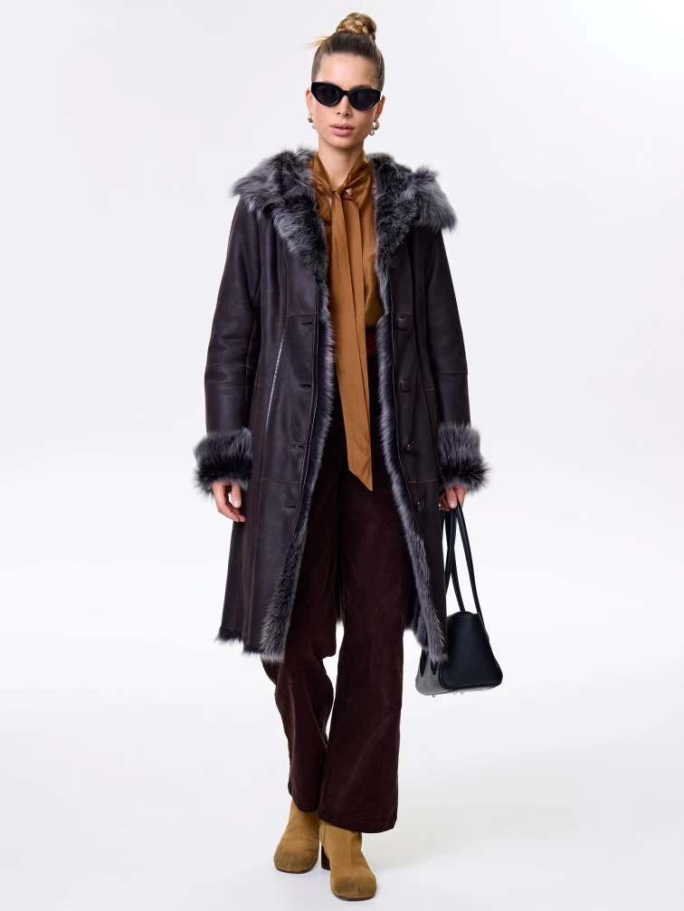 Длинная женская дубленка из тосканы с капюшоном 123нк, коричневая, размер 56, артикул 61483-4