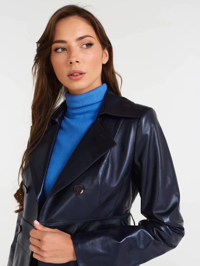 Кожаный двубортный женский плащ с поясом 338, синий перламутр, размер 46, артикул 90460-1