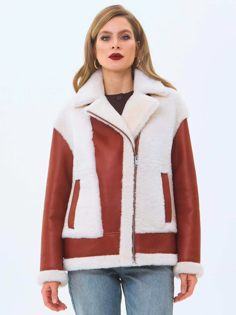 Короткая женская дубленка из натуральной овчины премиум класса 2066, коньячная, размер 44, артикул 64720-7