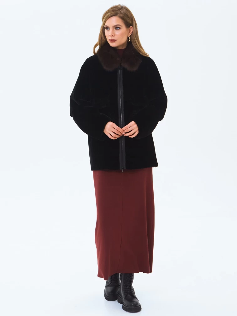 Шуба женская из астрагана  с воротником куницей 2063, черная, размер 46, артикул 64650-1