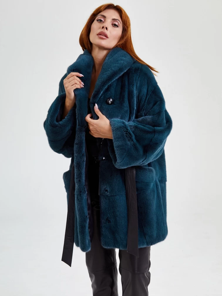 Шуба из меха норки с поясом для женщин 20701(в), зеленая, размер 44, артикул 33050-1