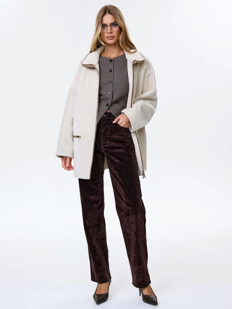 Дубленка на молнии с норковым воротником для женщин премиум класса 2057, белая, размер 44, артикул 64490-1