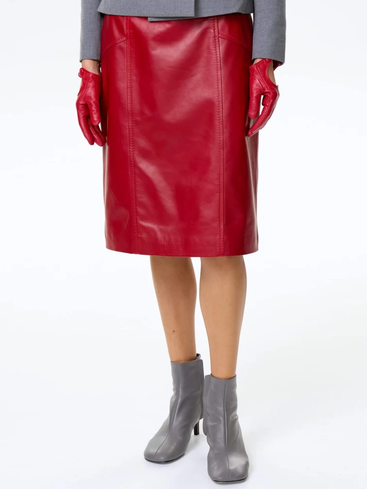 Юбка карандаш из натуральной кожи 06, красная, размер 46, артикул 85380-1