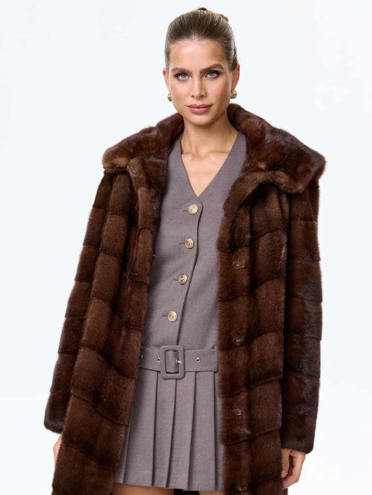 Полупальто с капюшоном из меха норки для женщин Галя(к), коричневое, размер 50, артикул 34090-3
