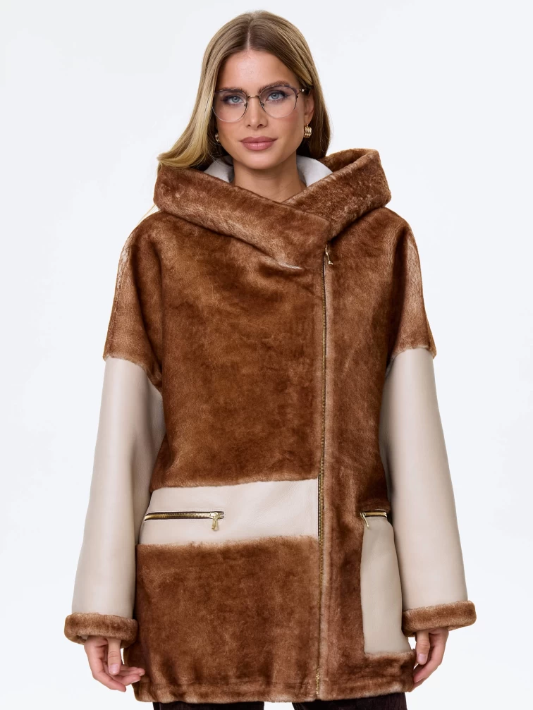Комбинированная женская дубленка с капюшоном из астрагана премиум класса 2058, бежевая, размер 52, артикул 64140-3