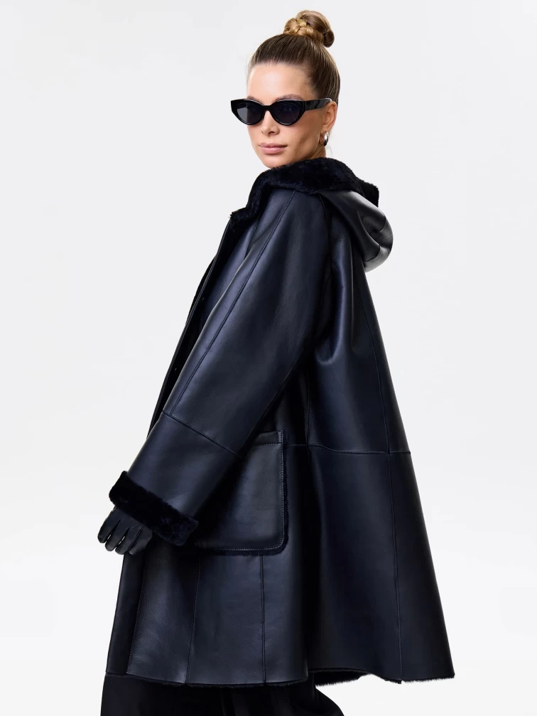 Женская классическая дубленка с капюшоном премиум класса 2004, черная, размер 56, артикул 62820-0