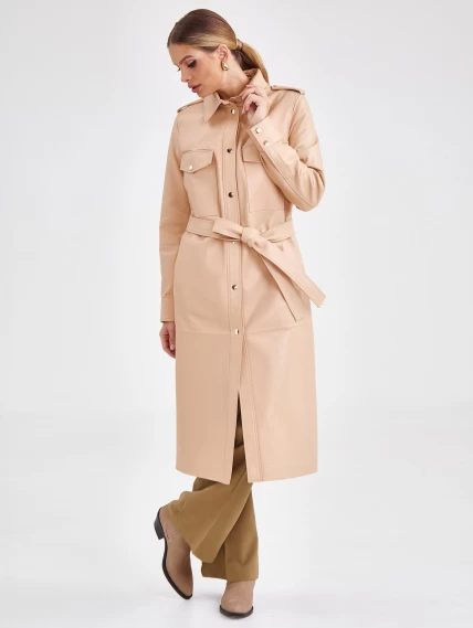 Платье рубашка кожаная женская из натуральной кожи премиум класса 03, бежевая, размер 44, артикул 23181-0