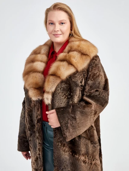 Зимний комплект женский: Шуба из каракуля Екатерина(вк) + Брюки 03, коричневый/оливковый, р. 54, арт. 111293-5