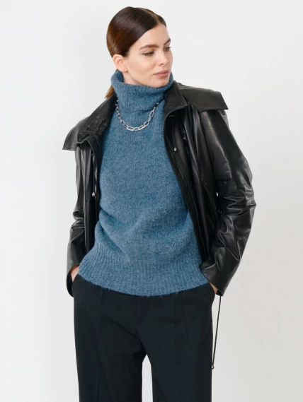 Кожаная женская куртка бомбер с капюшоном 305, черная, размер 46, артикул 90820-5