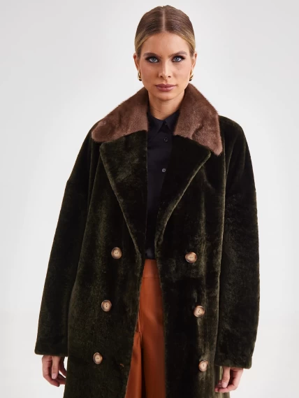 Двусторонняя двубортная женская шуба из астрагана с мехом норки премиум класса 2017, хаки, размер 48, артикул 62790-1