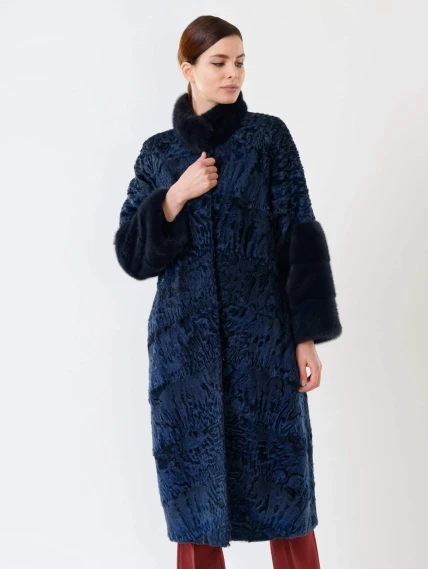 Женская шуба из меха каракуля с мехом норки 17101д(сн), синяя, размер 44, артикул 22580-0