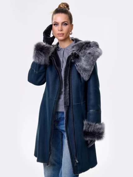 Женская дубленка косуха с капюшоном из тосканы 283, синяя, размер 52, артикул 61562-3