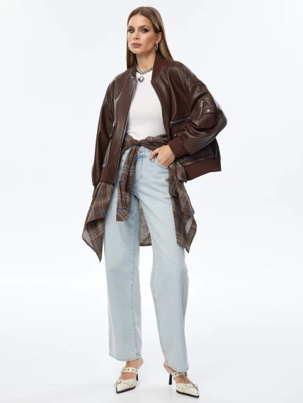 Короткая кожаная куртка бомбер для женщин премиум класса 3064, коричневая, размер 46, артикул 24030-1