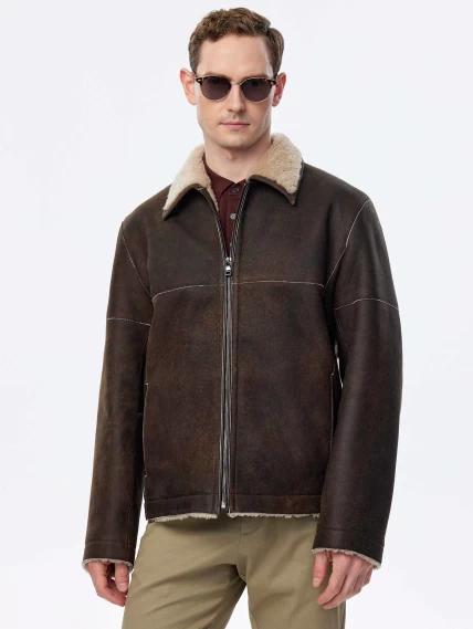 Короткая дубленка из овчины керли премиум класса для мужчин 140, коричневая, размер 52, артикул 71510-0