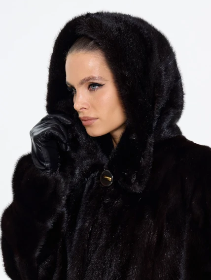 Шуба женская из меха норки с капюшоном М-102-1221, коричневая, размер 60, артикул 65430-3