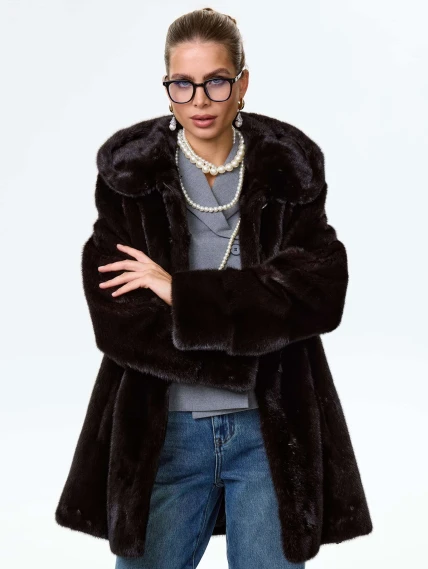 Короткая женская норковая шуба автоледи с капюшоном Елена(к), черная, размер 52, артикул 64540-0