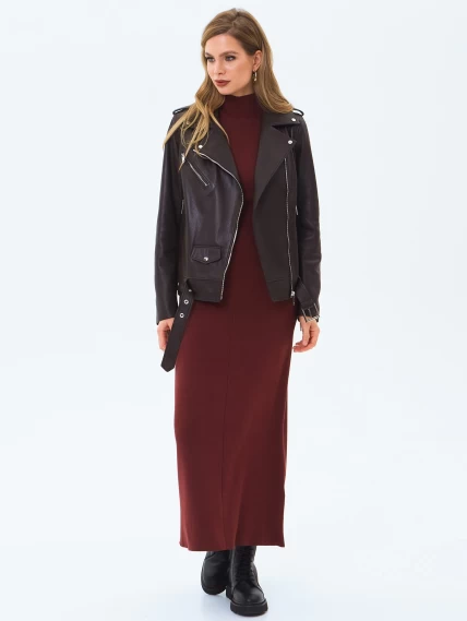 Кожаная женская куртка косуха с поясом премиум класса 3078, коричневая, размер 42, артикул 24580-6