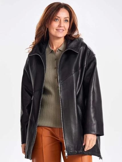 Кожаный женский плащ оверсайз на молнии с капюшоном премиум класса 3054, черный, размер 48, артикул 23490-6