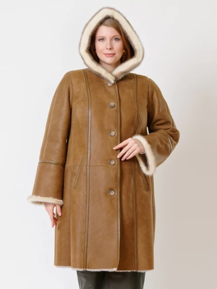 Женская дубленка с капюшоном и отделкой из меха норки 225у, бежевая, размер 50, артикул 14840-2