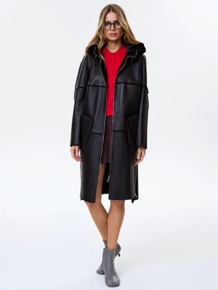 Стильная женская дубленка оверсайз с капюшоном премиум класса 2052, черная, размер 46, артикул 64470-4