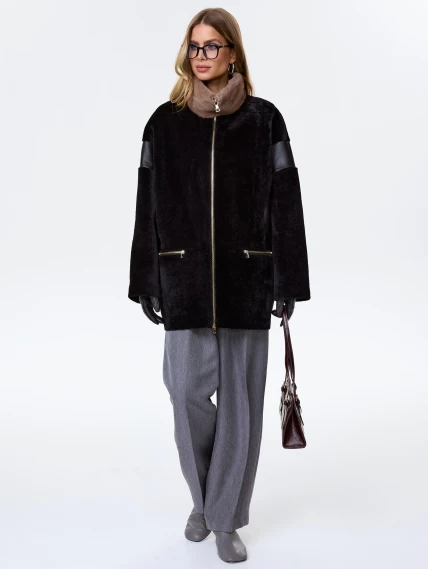 Дубленка на молнии с норковым воротником для женщин премиум класса 2057, черная, размер 52, артикул 62500-1