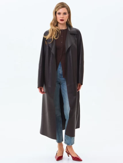 Длинный женский кожаный плащ премиум класса 3081, коричневый, размер 50, артикул 24660-4