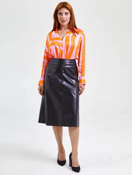 Кожаная юбка миди 09, черная, размер 46, артикул 85560-6