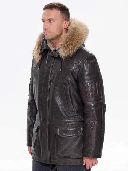 Утепленная мужская кожаная куртка аляска с мехом енота Алекс, коричневая, размер 52, артикул 40300-4