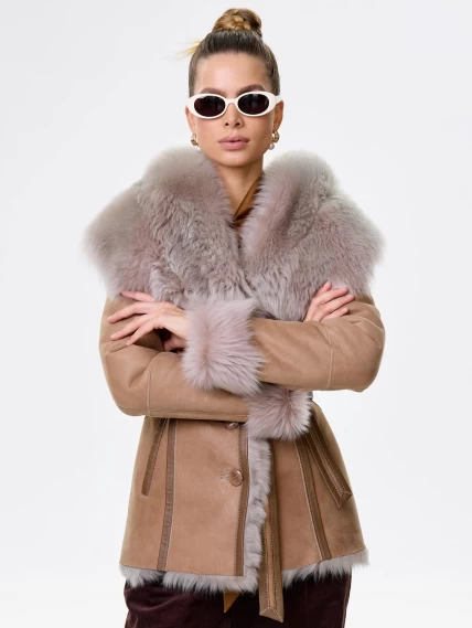 Короткая женская дубленка из тосканы с капюшоном 122, бежевая, размер 40, артикул 61451-0