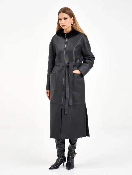 Длинная женская дубленка с капюшоном 2071, черная, размер 50, артикул 65060-7