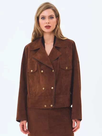 Короткая женская замшевая куртка косуха премиум класса 3085з, коньячная, размер 46, артикул 24620-4