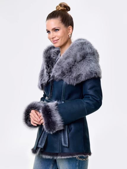 Короткая женская дубленка из тосканы с капюшоном 122, синяя, размер 40, артикул 14871-4