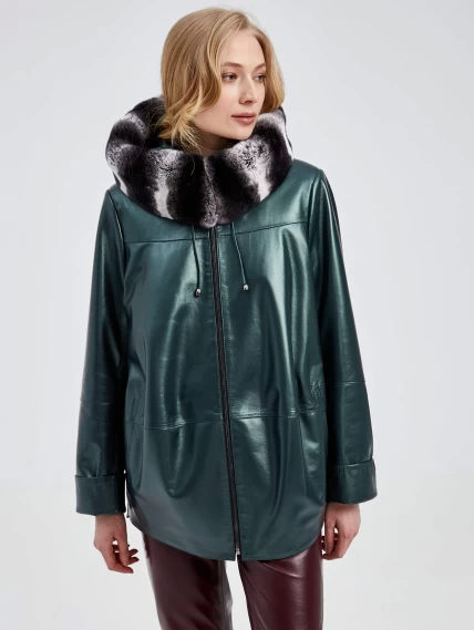 Кожаная женская куртка с капюшоном и мехом "рекса" 308уш, зеленый, размер 56, артикул 40500-5