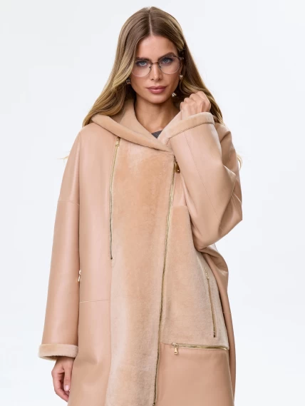 Молодежное полупальто из натуральной овчины для женщин с капюшоном премиум класса 2056, бежевое, размер 48, артикул 64350-4