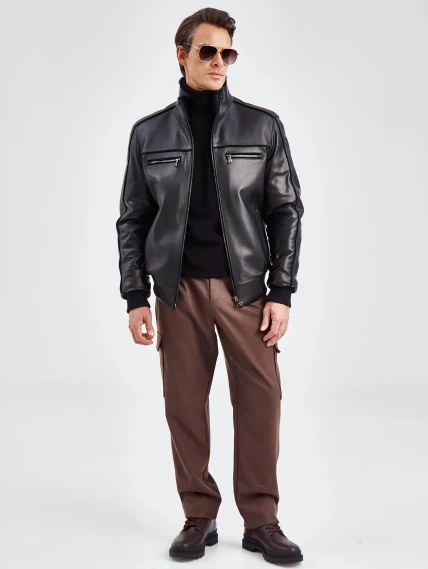 Короткая кожаная мужская дубленка бомбер 515, черная, размер 50, артикул 40261-0