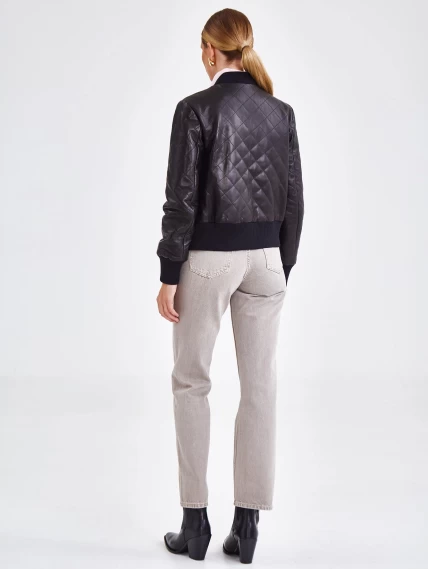 Кожаный стеганый женский бомбер премиум класса 3042, черный, размер 50, артикул 23251-6