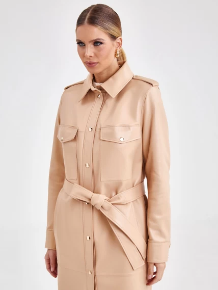 Платье рубашка кожаная женская из натуральной кожи премиум класса 03, бежевая, размер 44, артикул 23181-1