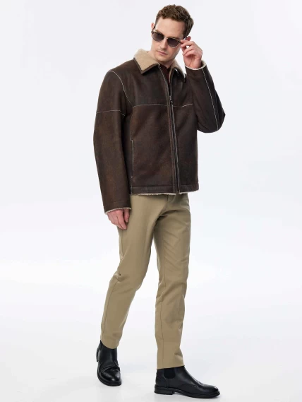 Короткая дубленка из овчины керли премиум класса для мужчин 140, коричневая, размер 52, артикул 71510-1