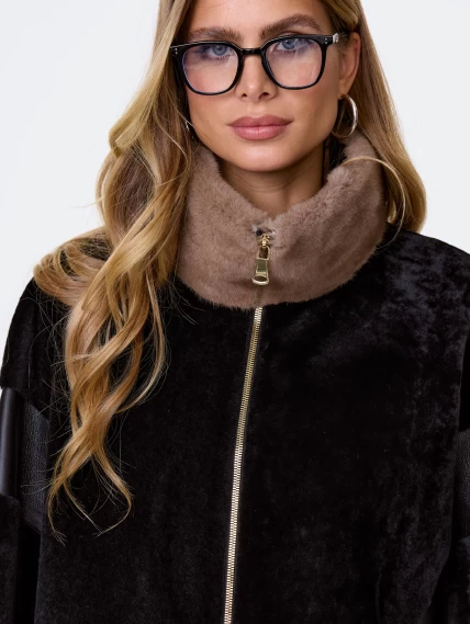 Женское полупальто с норковым воротником из натуральной овчины премиум класса 2057, черное, размер 52, артикул 64330-3