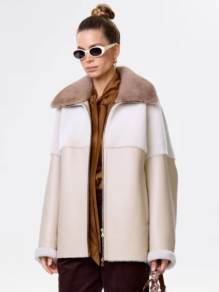 Короткая женская дубленка с норковым воротником премиум класса 2034, бежевая, размер 52, артикул 64180-6