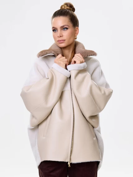 Короткая женская дубленка с норковым воротником премиум класса 2034, бежевая, размер 52, артикул 64180-4