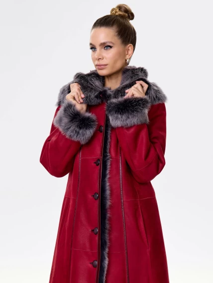 Длинная женская дубленка из тосканы с капюшоном 123нк, красная, размер 50, артикул 61903-5