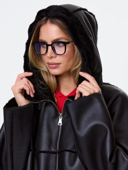 Стильная женская дубленка оверсайз с капюшоном премиум класса 2052, черная, размер 46, артикул 64470-2