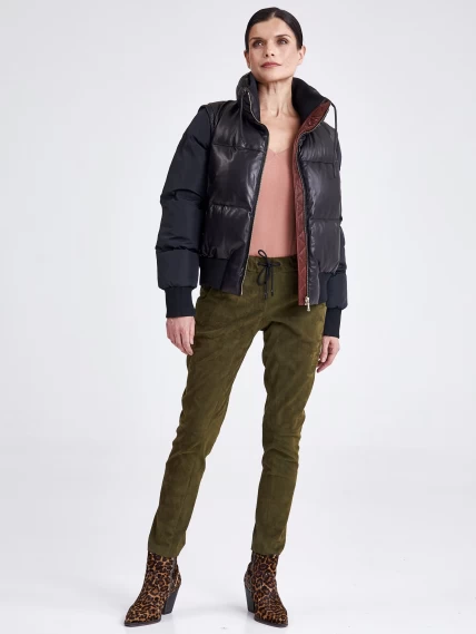 Комбинированная стеганая женская кожаная куртка бомбер 3029, черная, размер 46, артикул 23370-4